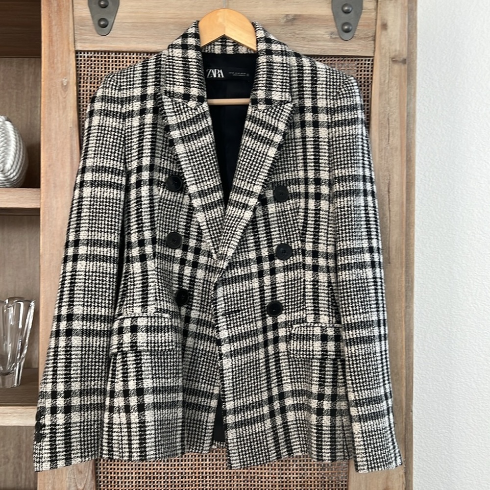 NWOT ZARA Plaid Double Breasted Textured Blazer size XS